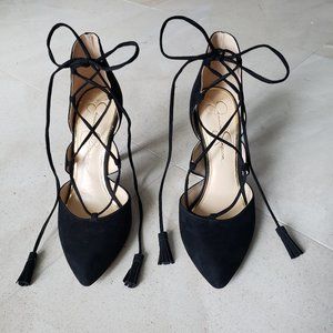 Black Suede Tassel Tie Spike Heel